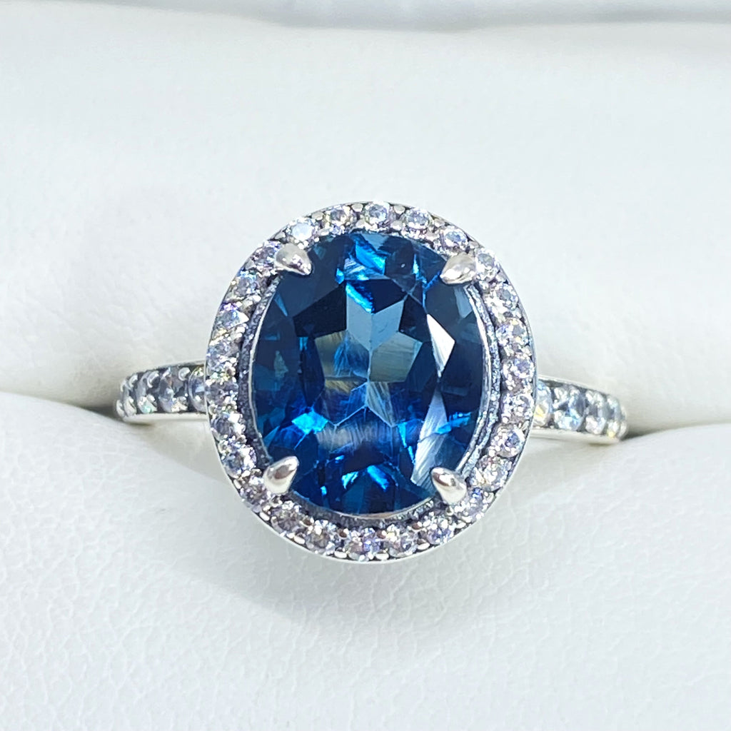 Natural London Blue Topaz Ring with white CZ gems surrounding the central blue gemstone, London Blue Natural Topaz Ring, Sterling Silver Filigree, Halo Design, Silver Embrace Jewelry, Art Deco Jewelry, D228