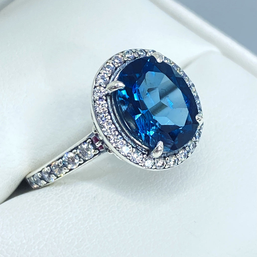 Natural London Blue Topaz Ring with white CZ gems surrounding the central blue gemstone, London Blue Natural Topaz Ring, Sterling Silver Filigree, Halo Design, Silver Embrace Jewelry, Art Deco Jewelry, D228