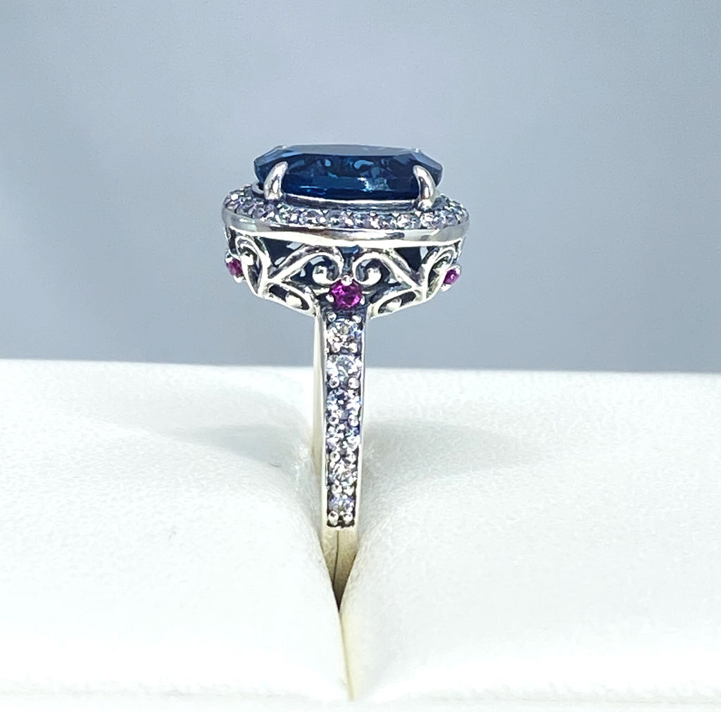 Natural London Blue Topaz Ring with white CZ gems surrounding the central blue gemstone, London Blue Natural Topaz Ring, Sterling Silver Filigree, Halo Design, Silver Embrace Jewelry, Art Deco Jewelry, D228