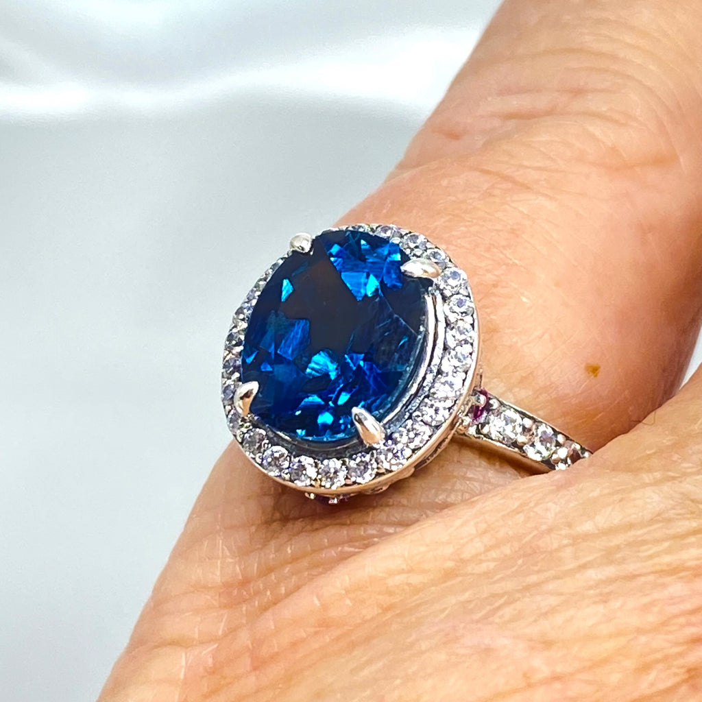 Natural London Blue Topaz Ring with white CZ gems surrounding the central blue gemstone, London Blue Natural Topaz Ring, Sterling Silver Filigree, Halo Design, Silver Embrace Jewelry, Art Deco Jewelry, D228