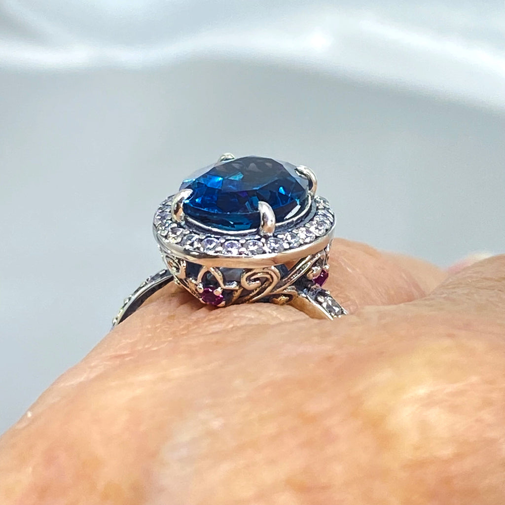 Natural London Blue Topaz Ring with white CZ gems surrounding the central blue gemstone, London Blue Natural Topaz Ring, Sterling Silver Filigree, Halo Design, Silver Embrace Jewelry, Art Deco Jewelry, D228