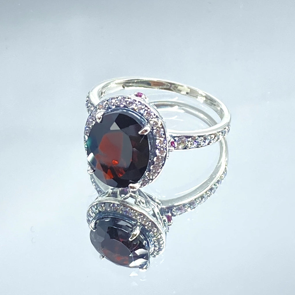 Natural Garnet Ring, Sterling Silver Filigree, Halo Design, Silver Embrace Jewelry, Art Deco Jewelry, D228