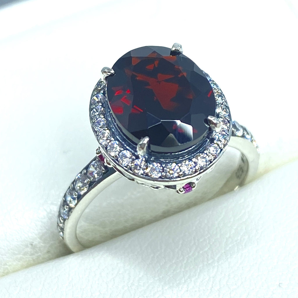 Natural Garnet Ring, Sterling Silver Filigree, Halo Design, Silver Embrace Jewelry, Art Deco Jewelry, D228
