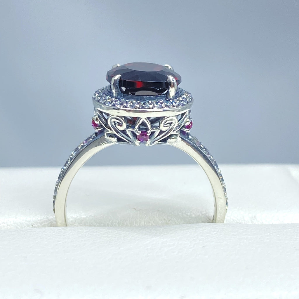 Natural Garnet Ring, Sterling Silver Filigree, Halo Design, Silver Embrace Jewelry, Art Deco Jewelry, D228