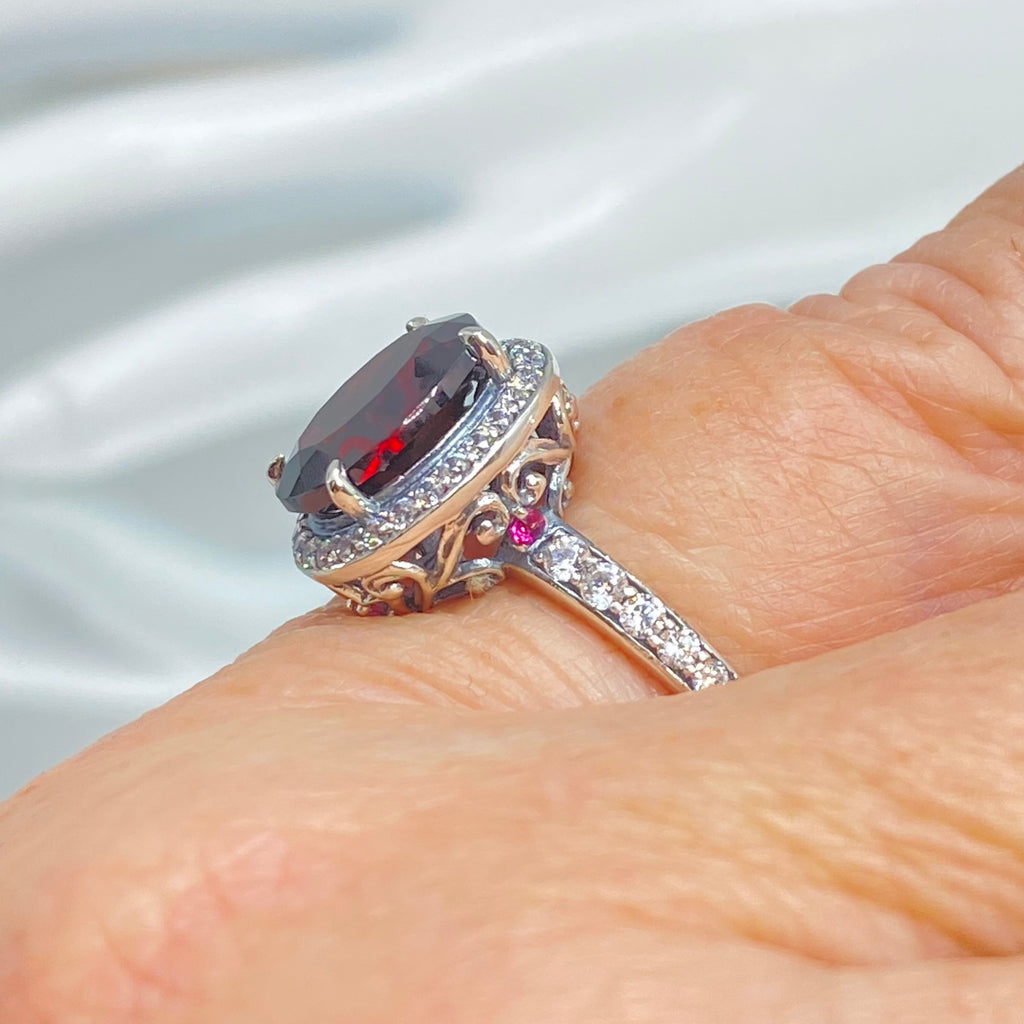Natural Garnet Ring, Sterling Silver Filigree, Halo Design, Silver Embrace Jewelry, Art Deco Jewelry, D228