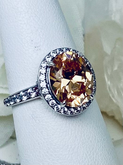 Peach Cubic Zirconia (CZ) Ring, Sterling Silver Filigree, Halo Design, Silver Embrace Jewelry, Art Deco Jewelry, D228