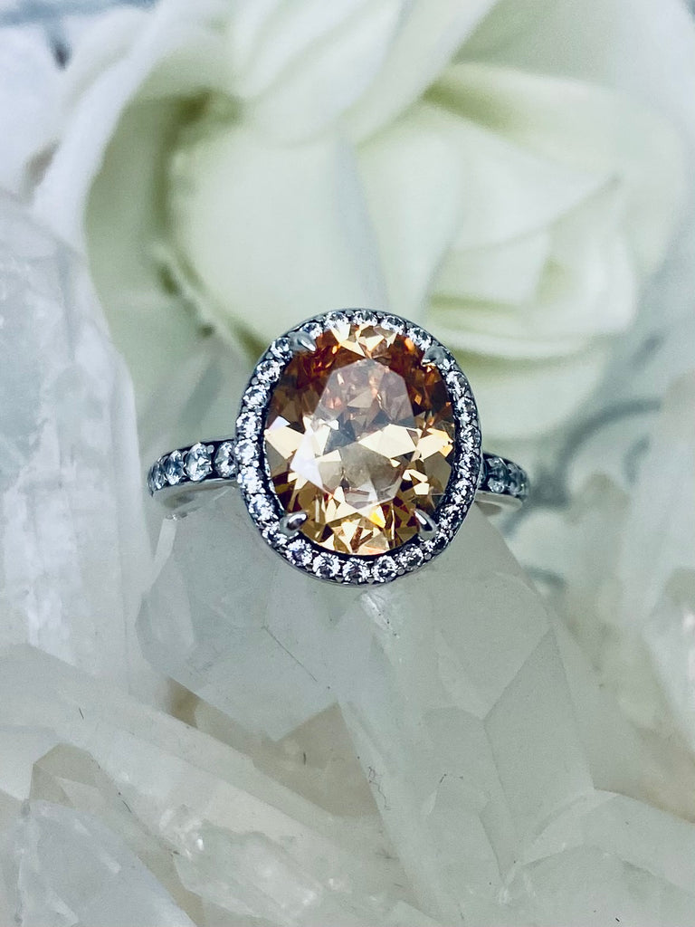 Peach Cubic Zirconia (CZ) Ring, Sterling Silver Filigree, Halo Design, Silver Embrace Jewelry, Art Deco Jewelry, D228