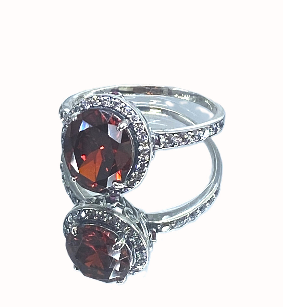 Red Garnet Cubic Zirconia (CZ) Ring, Sterling Silver Filigree, Halo Design, Silver Embrace Jewelry, Art Deco Jewelry, D228