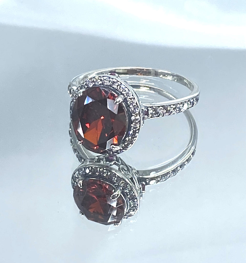 Red Garnet Cubic Zirconia (CZ) Ring, Sterling Silver Filigree, Halo Design, Silver Embrace Jewelry, Art Deco Jewelry, D228