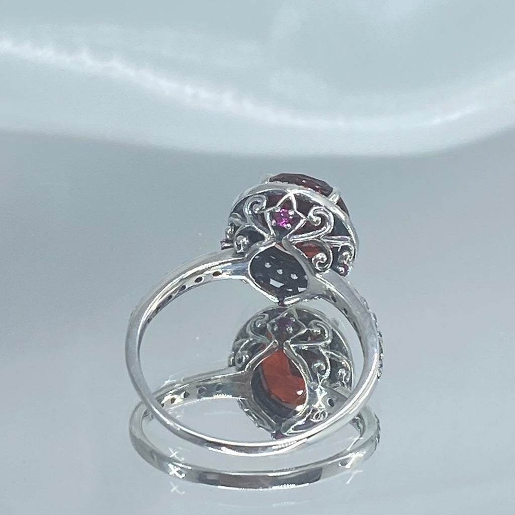 Red Garnet Cubic Zirconia (CZ) Ring, Sterling Silver Filigree, Halo Design, Silver Embrace Jewelry, Art Deco Jewelry, D228