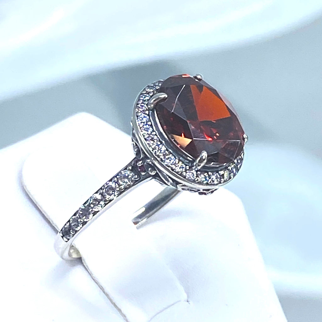 Red Garnet Cubic Zirconia (CZ) Ring, Sterling Silver Filigree, Halo Design, Silver Embrace Jewelry, Art Deco Jewelry, D228
