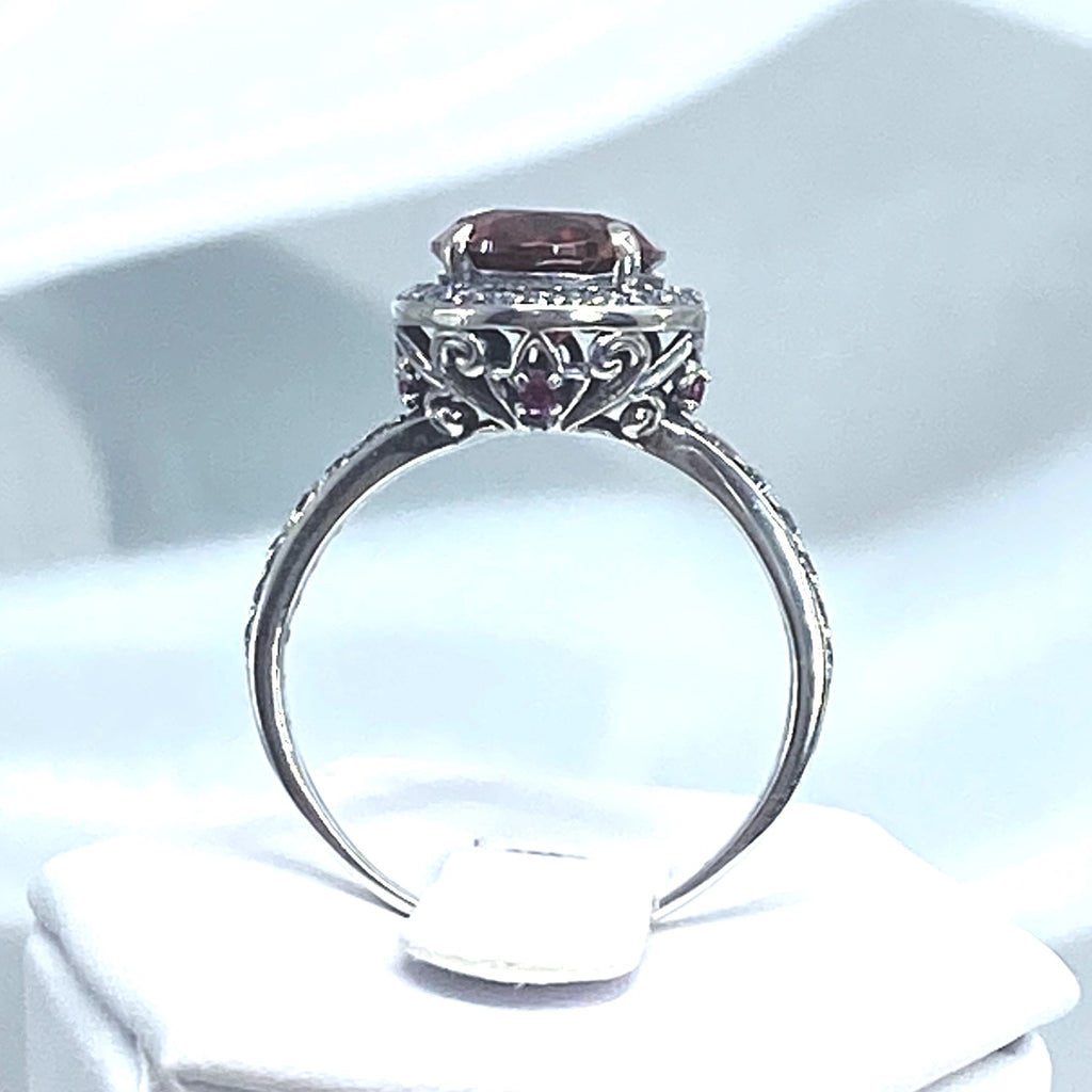 Red Garnet Cubic Zirconia (CZ) Ring, Sterling Silver Filigree, Halo Design, Silver Embrace Jewelry, Art Deco Jewelry, D228