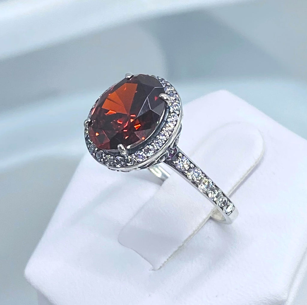 Red Garnet Cubic Zirconia (CZ) Ring, Sterling Silver Filigree, Halo Design, Silver Embrace Jewelry, Art Deco Jewelry, D228