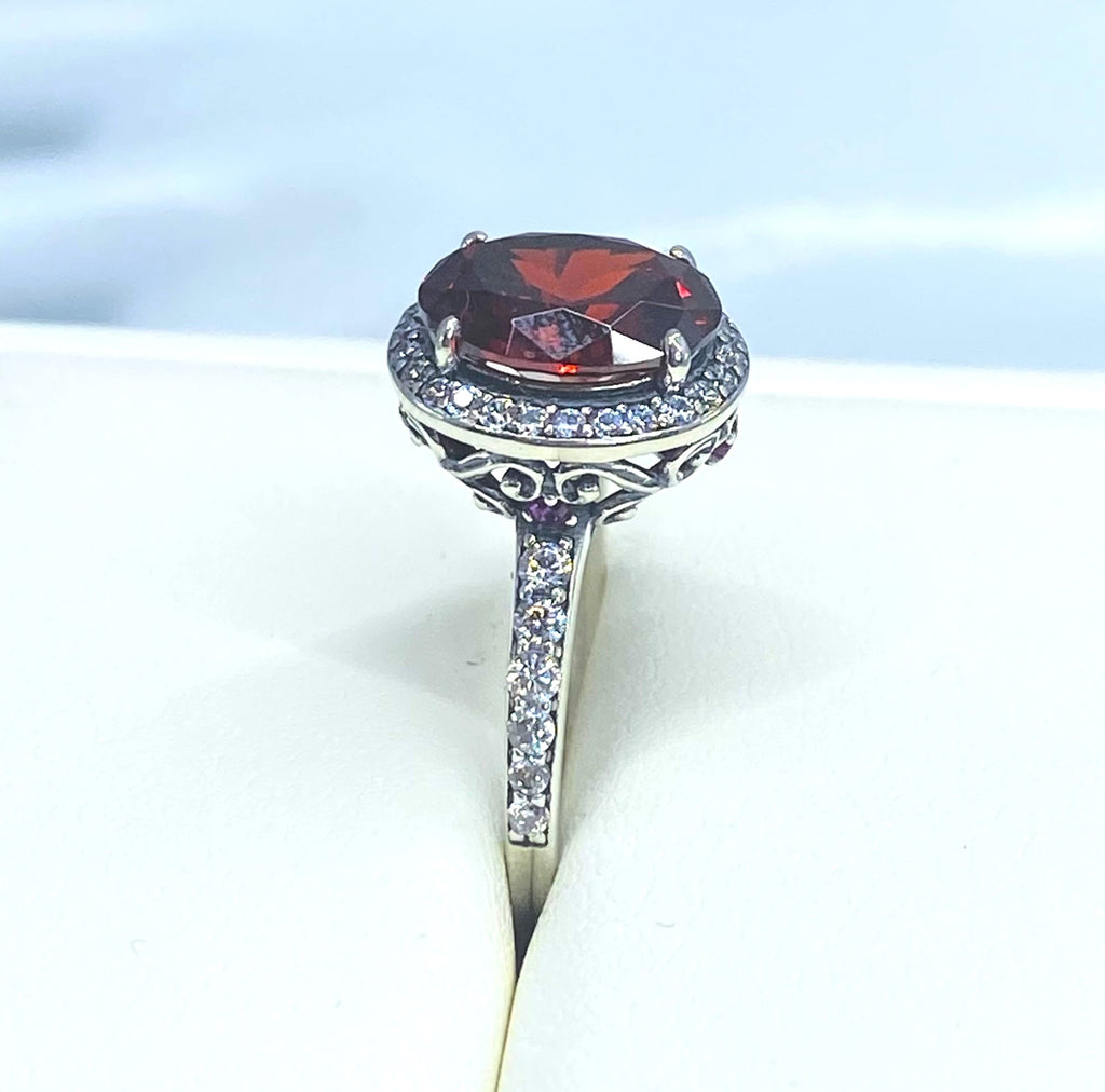 Red Garnet Cubic Zirconia (CZ) Ring, Sterling Silver Filigree, Halo Design, Silver Embrace Jewelry, Art Deco Jewelry, D228