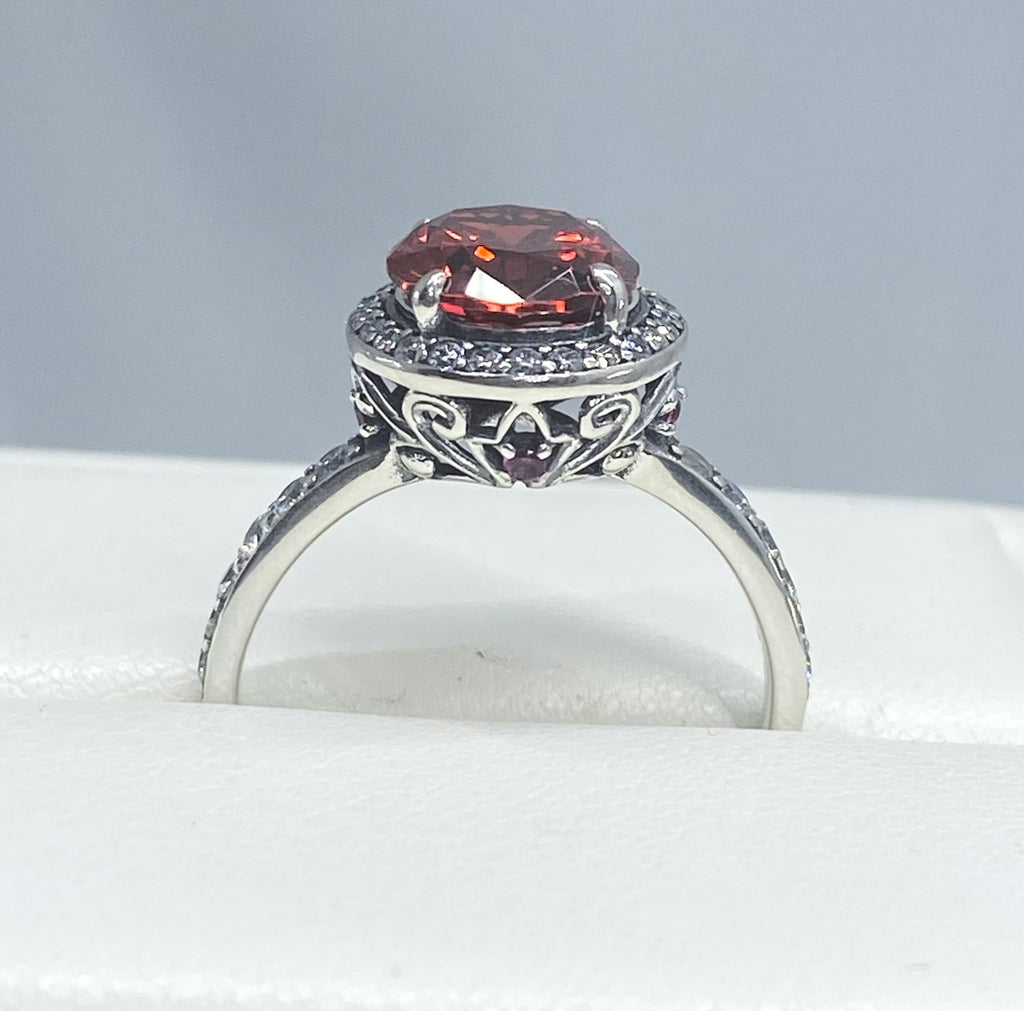 Red Garnet Cubic Zirconia (CZ) Ring, Sterling Silver Filigree, Halo Design, Silver Embrace Jewelry, Art Deco Jewelry, D228