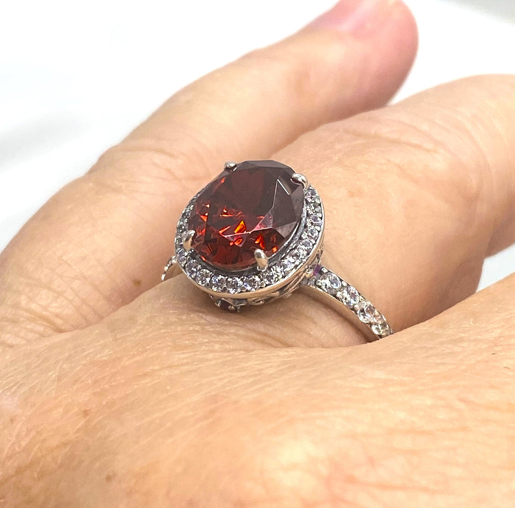 Red Garnet Cubic Zirconia (CZ) Ring, Sterling Silver Filigree, Halo Design, Silver Embrace Jewelry, Art Deco Jewelry, D228