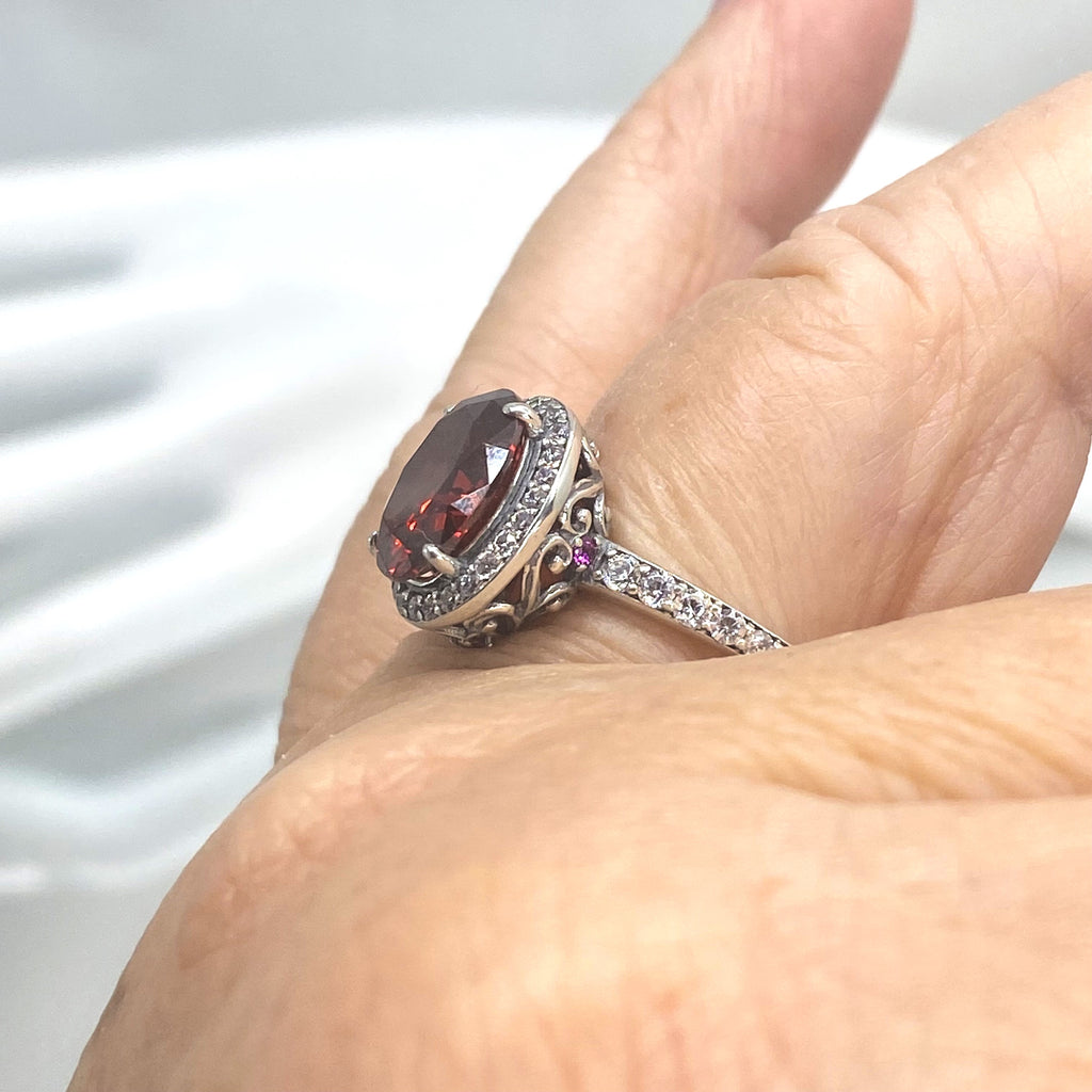 Red Garnet Cubic Zirconia (CZ) Ring, Sterling Silver Filigree, Halo Design, Silver Embrace Jewelry, Art Deco Jewelry, D228