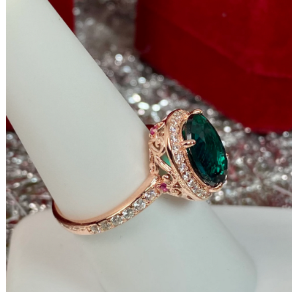 Emerald Green gem ring surrounded by White CZ gemstones, with White CZ gems down the side of the ring, Emerald Ring, Art Deco Sterling silver Filigree, D228 | Silver Embrace Jewelry