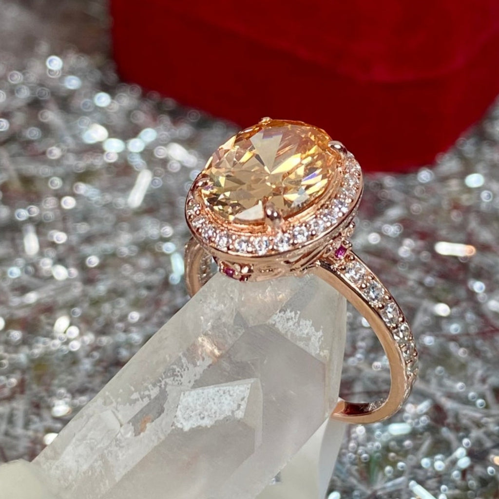 Peach CZ center gemstone ring with White CZ gems surrounding, Peach Cubic Zirconia (CZ) Ring, Rose Gold plated Sterling Silver Filigree, Halo Design, Silver Embrace Jewelry, Art Deco Jewelry, D228