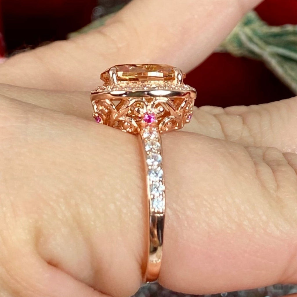 Peach CZ center gemstone ring with White CZ gems surrounding, Peach Cubic Zirconia (CZ) Ring, Rose Gold plated Sterling Silver Filigree, Halo Design, Silver Embrace Jewelry, Art Deco Jewelry, D228