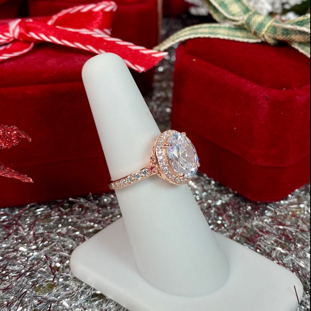 White CZ Ring with a halo of white CZs surrounding it, White Cubic Zirconia (CZ) Ring, Rose gold plated Sterling Silver Filigree, Halo Design, Silver Embrace Jewelry, Art Deco Jewelry, D228