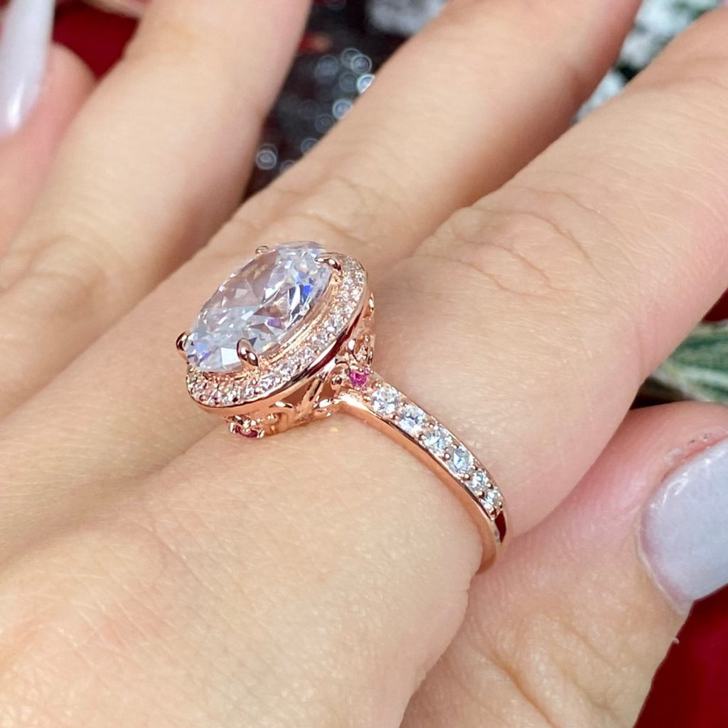 White CZ Ring with a halo of white CZs surrounding it, White Cubic Zirconia (CZ) Ring, Rose gold plated Sterling Silver Filigree, Halo Design, Silver Embrace Jewelry, Art Deco Jewelry, D228