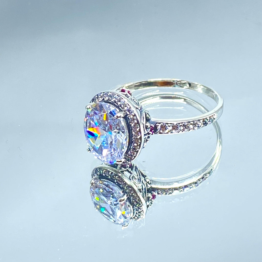 White Cubic Zirconia (CZ) Ring, Sterling Silver Filigree, Halo Design, Silver Embrace Jewelry, Art Deco Jewelry, D228