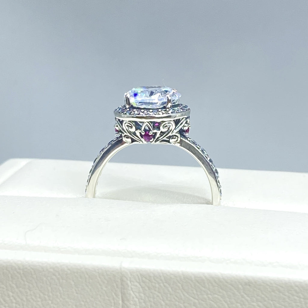 White Cubic Zirconia (CZ) Ring, Sterling Silver Filigree, Halo Design, Silver Embrace Jewelry, Art Deco Jewelry, D228