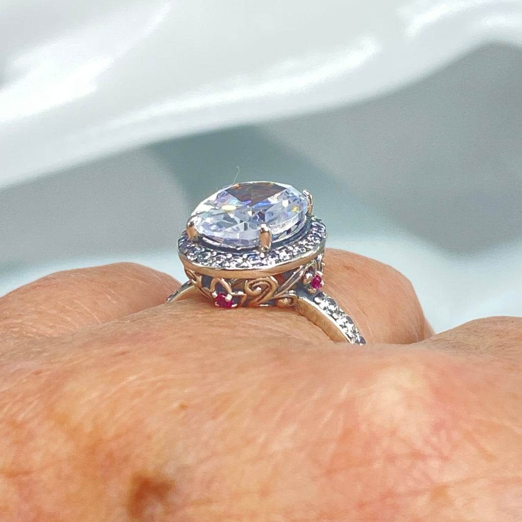 White Cubic Zirconia (CZ) Ring, Sterling Silver Filigree, Halo Design, Silver Embrace Jewelry, Art Deco Jewelry, D228