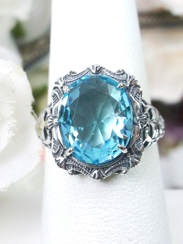 Aquamarine Ring, Oval gemstone, Art Nouveau style, Sterling Silver filigree, Vintage style ring, Silver Embrace Jewelry, D229 Beauty Ring
