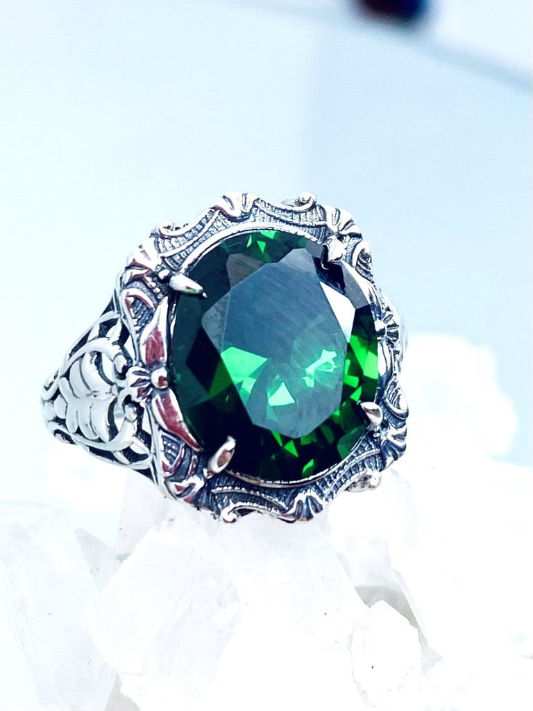 Emerald CZ Ring, Oval gemstone, Art Nouveau style, Sterling Silver filigree, Vintage style ring, Silver Embrace Jewelry, D229 Beauty Ring