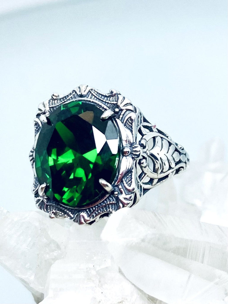 Emerald CZ Ring, Oval gemstone, Art Nouveau style, Sterling Silver filigree, Vintage style ring, Silver Embrace Jewelry, D229 Beauty Ring