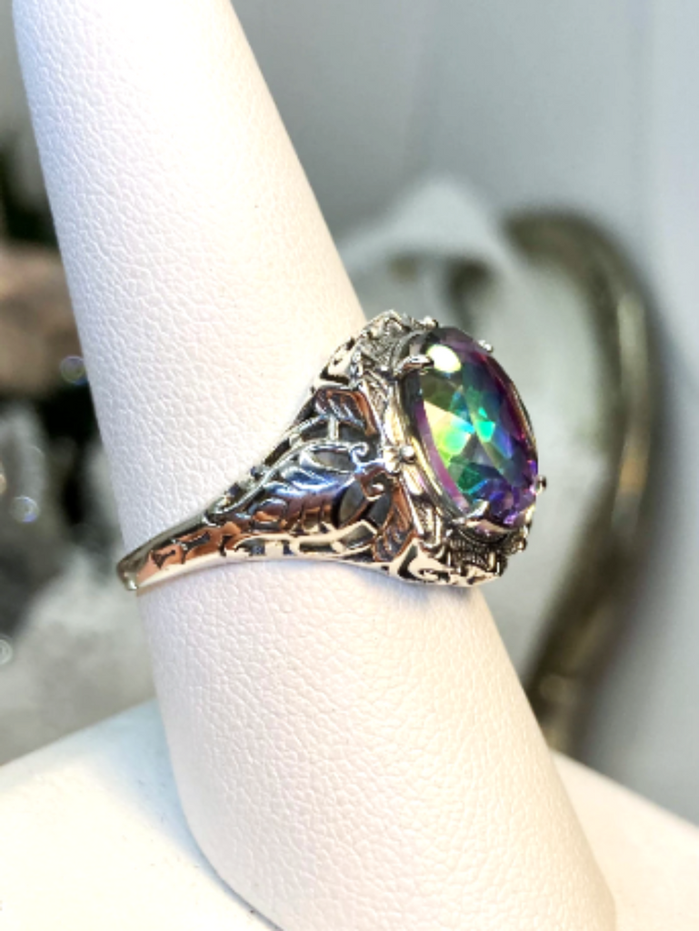 Mystic Topaz Ring, Oval gemstone, Art Nouveau style, Sterling Silver filigree, Vintage style ring, Silver Embrace Jewelry, D229 Beauty Ring