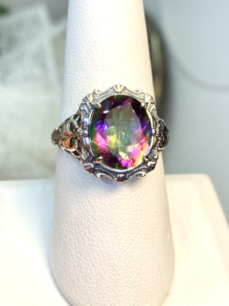 Mystic Topaz Ring, Oval gemstone, Art Nouveau style, Sterling Silver filigree, Vintage style ring, Silver Embrace Jewelry, D229 Beauty Ring