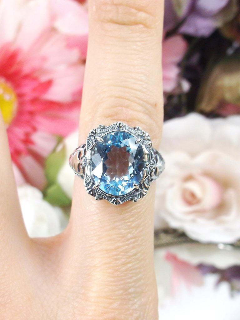 Natural Blue Topaz Ring, Natural Gemstone, Beauty Ring, Oval Art Nouveau Ring, Sterling silver Filigree, Silver Embrace Jewelry, D229