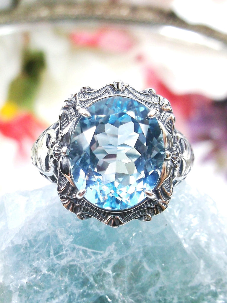 Natural Blue Topaz Ring, Natural Gemstone, Beauty Ring, Oval Art Nouveau Ring, Sterling silver Filigree, Silver Embrace Jewelry, D229