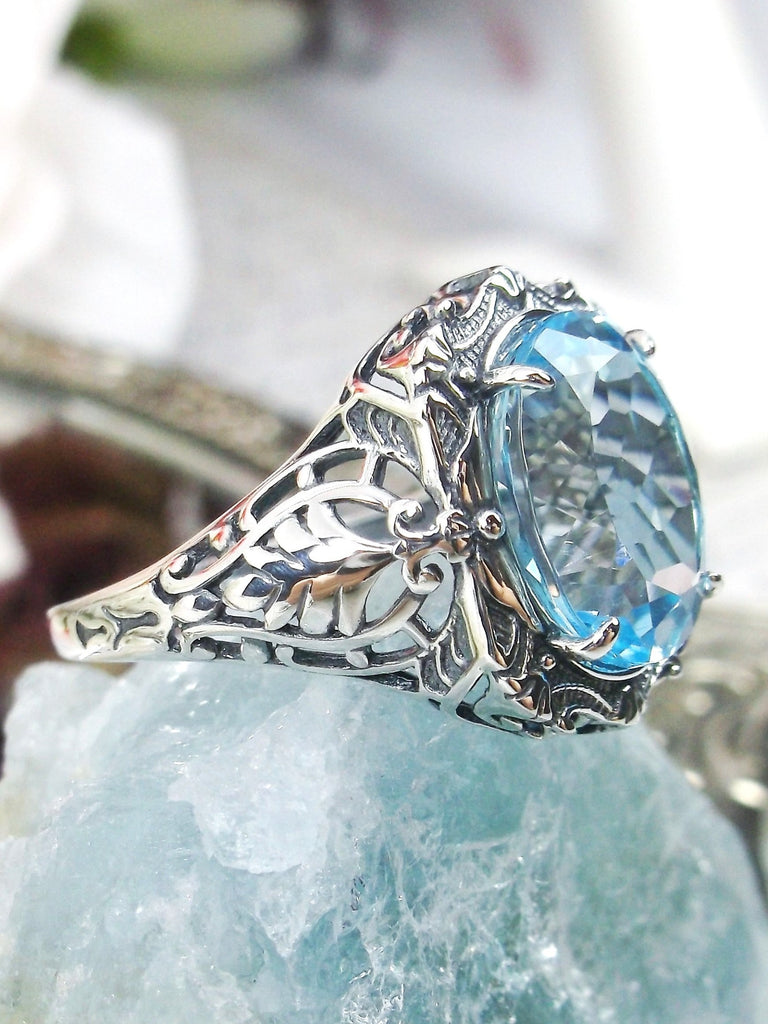 Natural Blue Topaz Ring, Natural Gemstone, Beauty Ring, Oval Art Nouveau Ring, Sterling silver Filigree, Silver Embrace Jewelry, D229