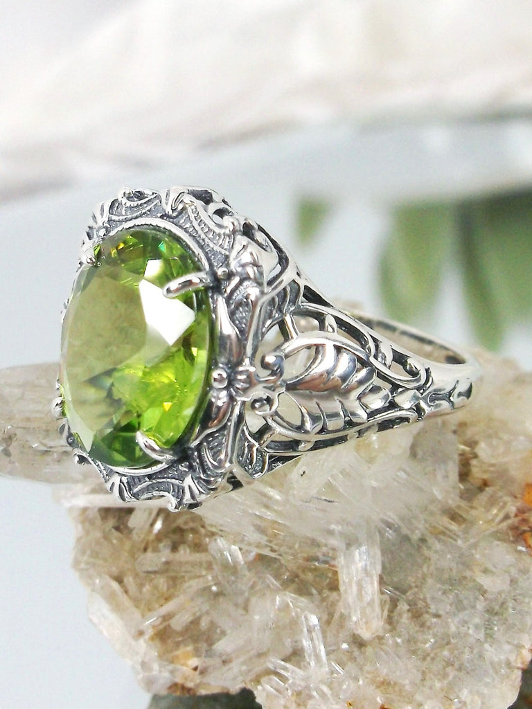 Natural Peridot Ring, Green Natural Gemstone, Beauty Ring, Oval Art Nouveau Ring, Sterling silver Filigree, Silver Embrace Jewelry, D229