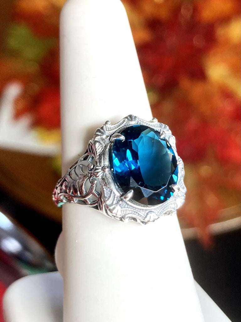 Natural London Blue Topaz Ring, Natural Gemstone, Beauty Ring, Oval Art Nouveau Ring, Sterling silver Filigree, Silver Embrace Jewelry, D229