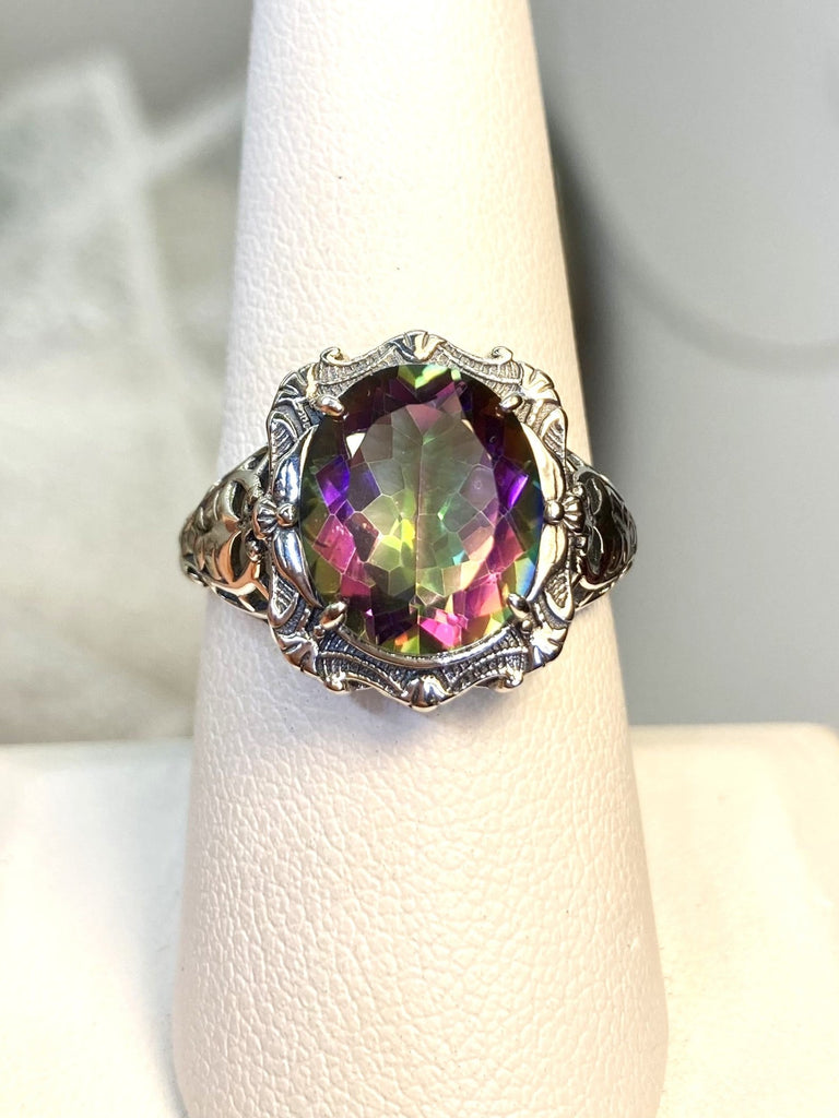 Natural Mystic Topaz Ring, Rainbow Natural Gemstone, Beauty Ring, Oval Art Nouveau Ring, Sterling silver Filigree, Silver Embrace Jewelry, D229