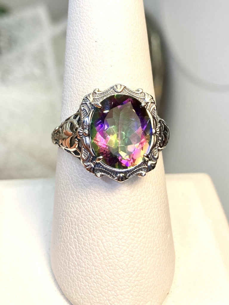 Natural Mystic Topaz Ring, Rainbow Natural Gemstone, Beauty Ring, Oval Art Nouveau Ring, Sterling silver Filigree, Silver Embrace Jewelry, D229