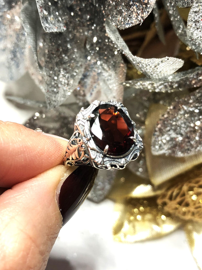 Natural Garnet Ring, Red Natural Gemstone, Beauty Ring, Oval Art Nouveau Ring, Sterling silver Filigree, Silver Embrace Jewelry, D229