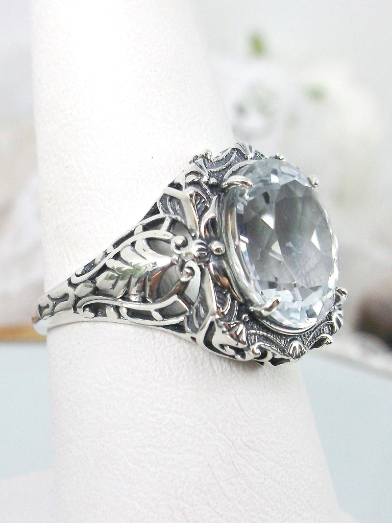 Natural Topaz Ring, Sparkling White Natural Gemstone, Beauty Ring, Oval Art Nouveau Ring, Sterling silver Filigree, Silver Embrace Jewelry, D229