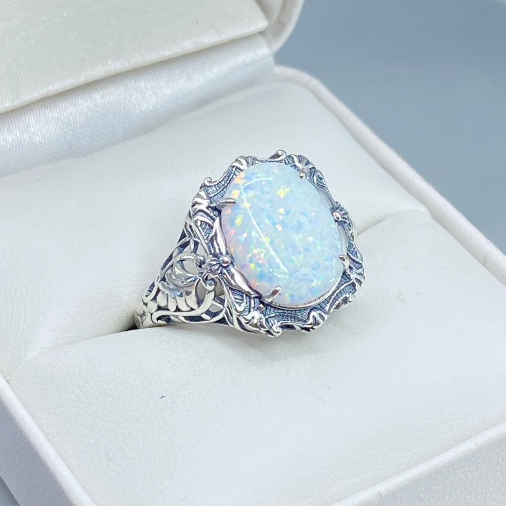 Opal Ring, Oval gemstone, Art Nouveau style, Sterling Silver filigree, Vintage style ring, Silver Embrace Jewelry, D229 Beauty Ring