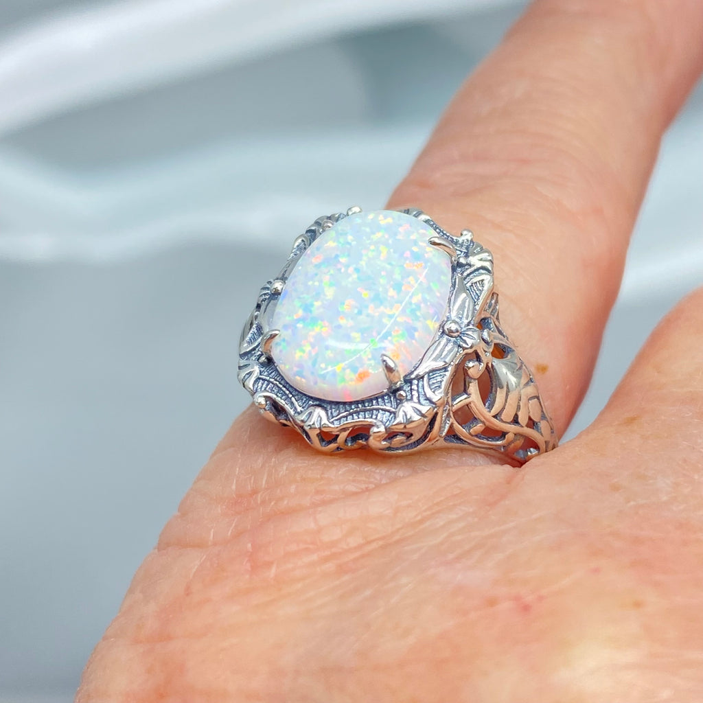 Opal Ring, Oval gemstone, Art Nouveau style, Sterling Silver filigree, Vintage style ring, Silver Embrace Jewelry, D229 Beauty Ring