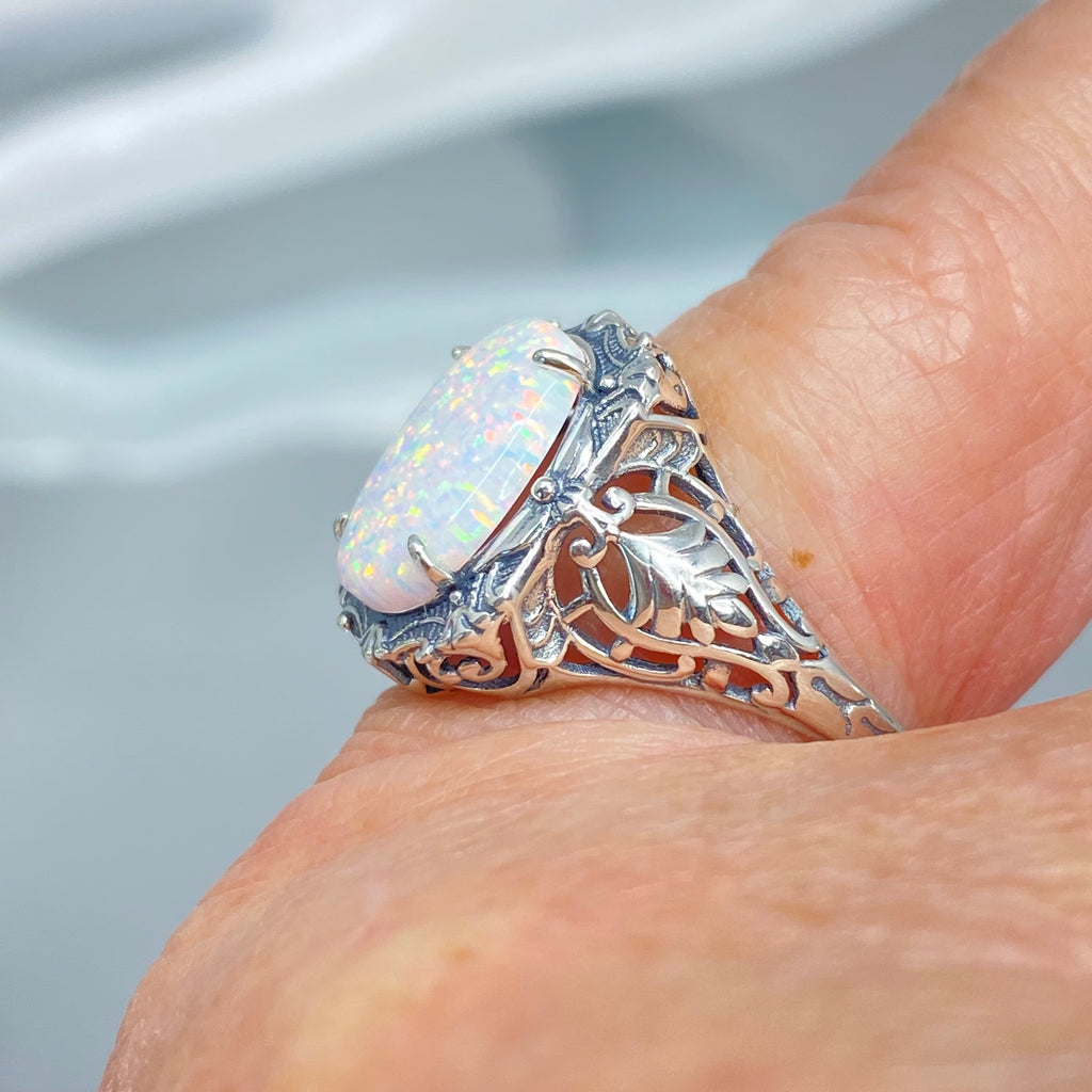 Opal Ring, Oval gemstone, Art Nouveau style, Sterling Silver filigree, Vintage style ring, Silver Embrace Jewelry, D229 Beauty Ring