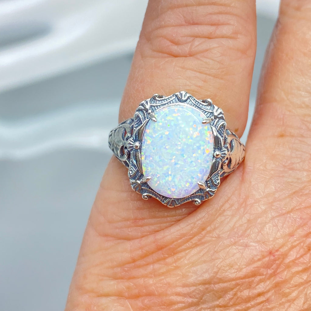 Opal Ring, Oval gemstone, Art Nouveau style, Sterling Silver filigree, Vintage style ring, Silver Embrace Jewelry, D229 Beauty Ring