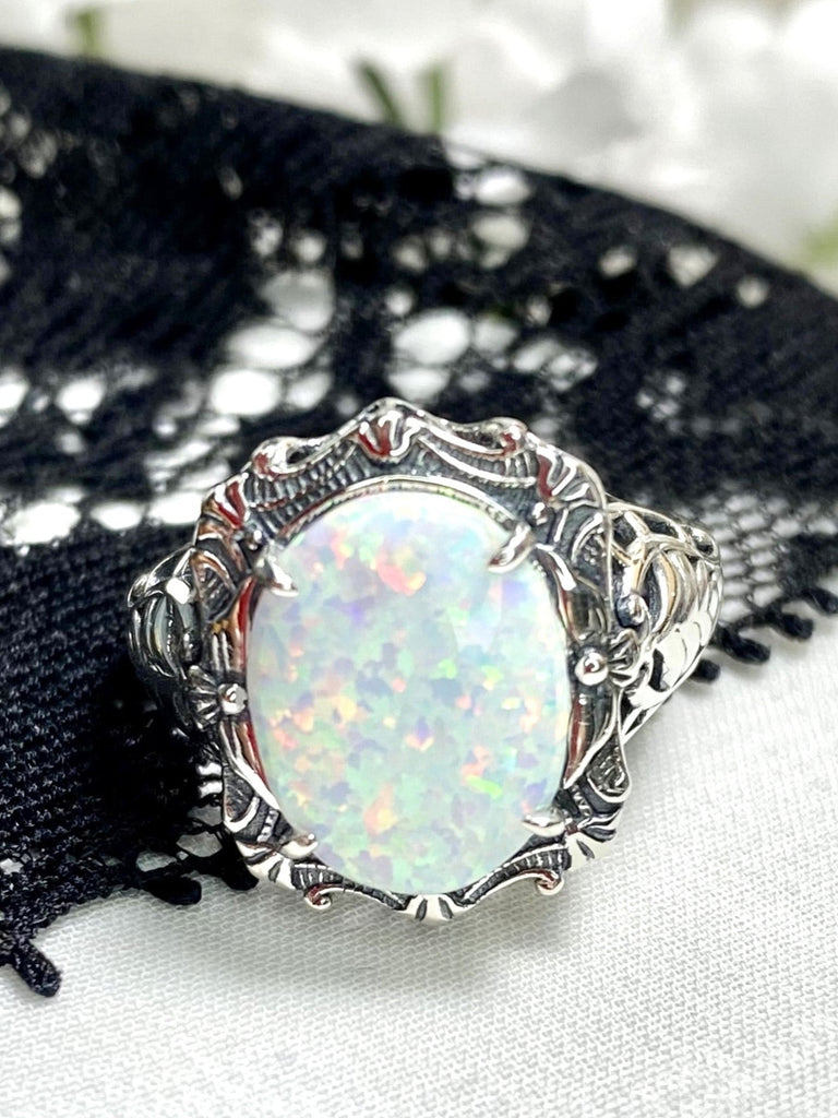 Opal Ring, Oval gemstone, Art Nouveau style, Sterling Silver filigree, Vintage style ring, Silver Embrace Jewelry, D229 Beauty Ring