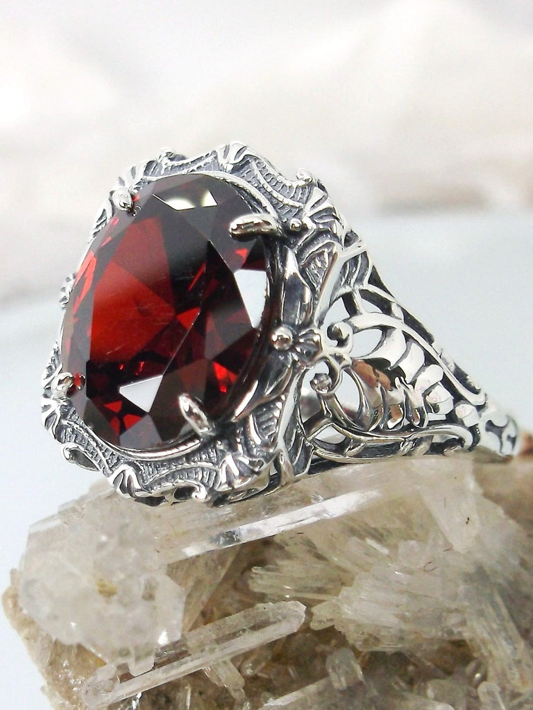 Red Garnet CZ Ring, Oval gemstone, Art Nouveau style, Sterling Silver filigree, Vintage style ring, Silver Embrace Jewelry, D229 Beauty Ring