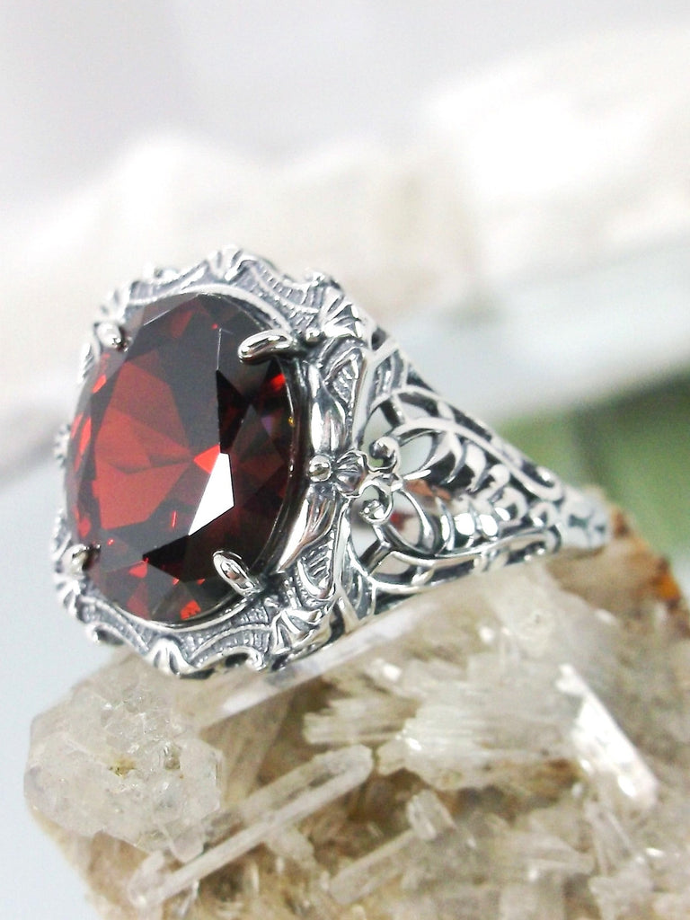 Red Garnet CZ Ring, Oval gemstone, Art Nouveau style, Sterling Silver filigree, Vintage style ring, Silver Embrace Jewelry, D229 Beauty Ring